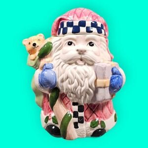 World Bazaars Holiday Collection Santa Claus Ceramic Snack Jar Pink Quilted Box